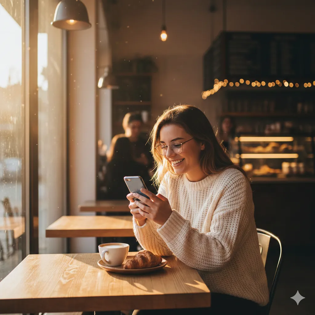 Happy person online banking in the coffee shop.